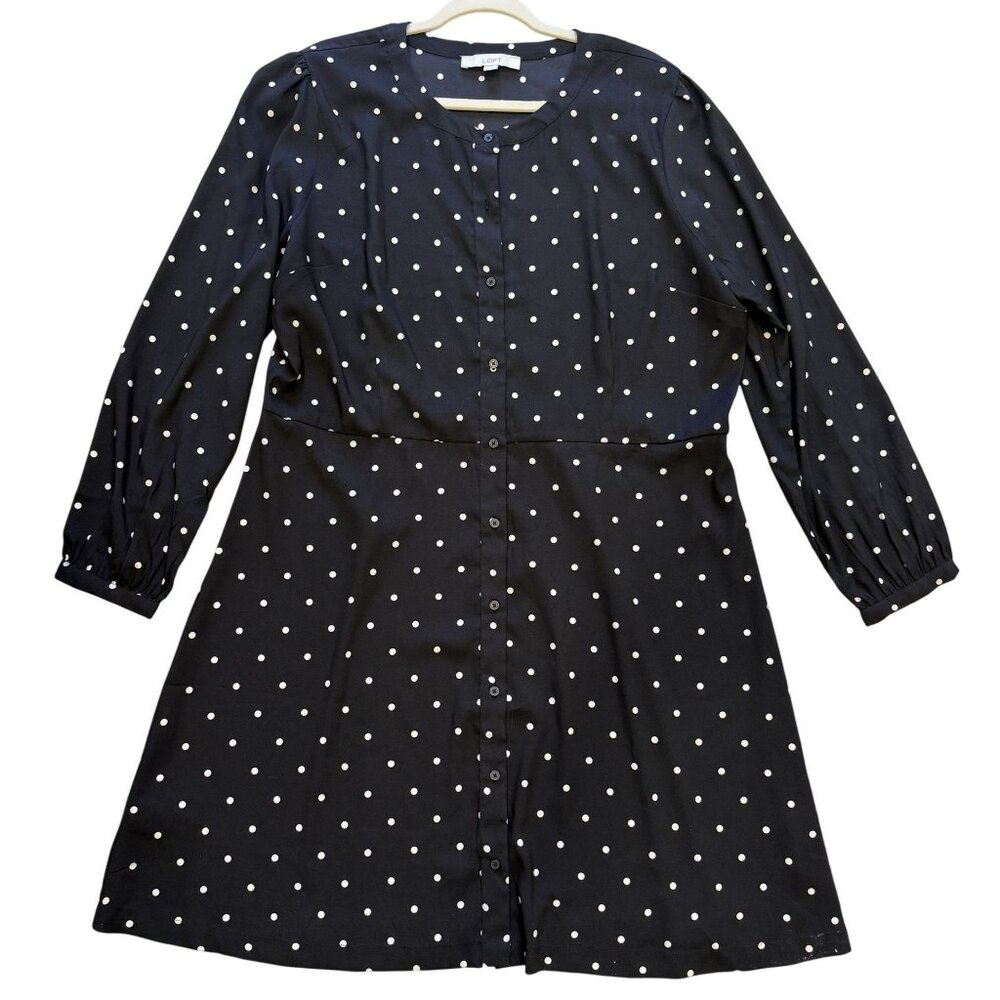 Loft Black White Dress Polka Dot Button-Down Long Sleeves 18 Midi Office Wear